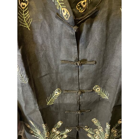 Potex NWT Black Linen Asian Inspired Peacock Embroidered Top Sz M - Picture 4 of 11